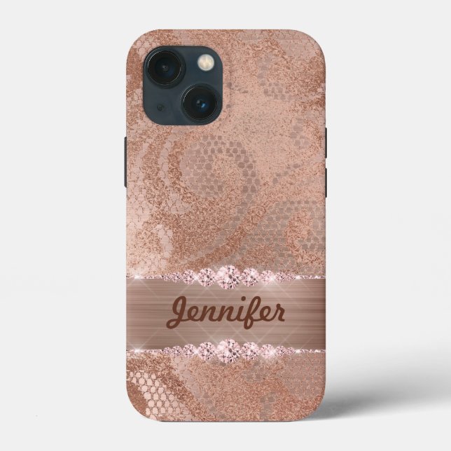 Coques Case-Mate iPhone Glam Faux Rose dentelle d'or sur monogramme métal  (Verso)