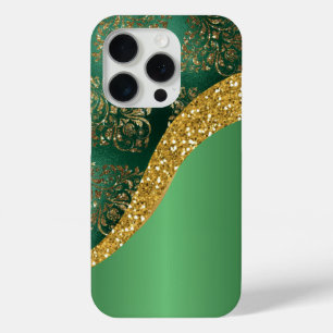 Coque iPhone 15 Pro Glam Gold Parties scintillant Vert métal