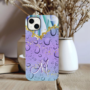 Coque Pour iPhone 14 Plus Glam Monogram M Or Fantaisie Violet Gouttes de Plu