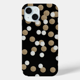 Coque Pour iPhone 15 glam noir et blanc points champagne or confetti