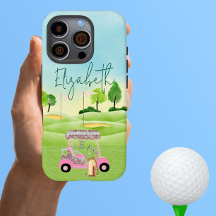 Coques iPhone 16 Pro Glam Parties scintillant Lady Golfer Pink Cart Clu