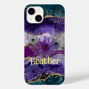 Coque Pour iPhone 14 Glam Purple Peacock Agate Feathered