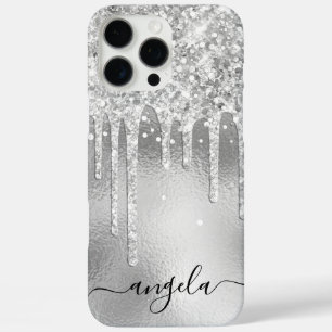 Coques iPhone 16 Pro Max Glam Signature gouttes de paillettes argentées