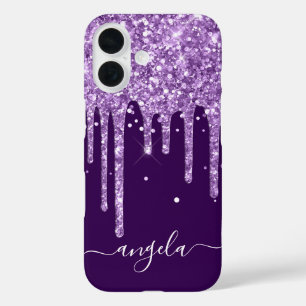 Coque Pour iPhone 16 Glam Signature gouttes scintillantes violet foncé