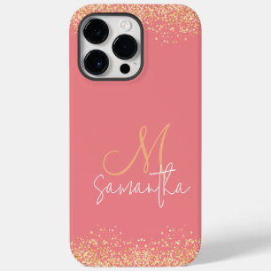 Coque Pour Pour iPhone 14 Pro Max Glamour Rose Pailleté Monogramme Or et Rose