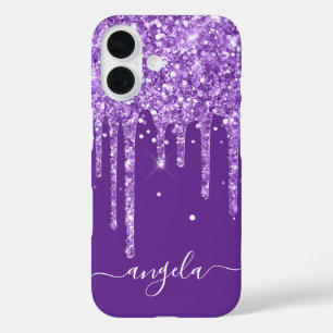 Coque Pour iPhone 16 Glamour Signature aux Gouttes de Paillettes Violet