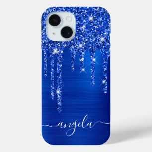 Coque Pour iPhone 15 Glamour Signé Royal Bleu Pailleté Gouttes