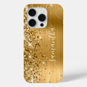 Coque iPhone 15 Pro Glittery Gold Glam Curly Signature