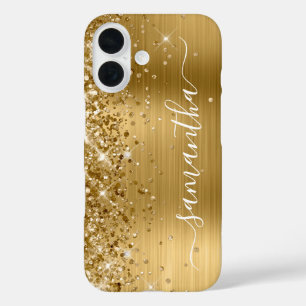 Coque Pour iPhone 16 Glittery Gold Metallic Girl Signature
