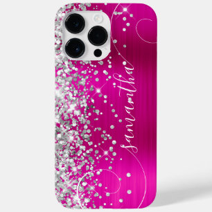 Coque Pour Pour iPhone 14 Pro Max Glittery Silver et Hot Pink Glam Curly Signature
