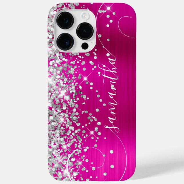 Coques Case-Mate iPhone Glittery Silver et Hot Pink Glam Curly Signature (Verso)