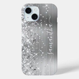 Coque Pour iPhone 15 Glittery Silver Foil Modern Girl Signature