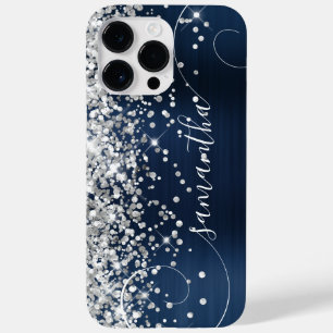 Coque Pour Pour iPhone 14 Pro Max Glittery Silver Navy Blue Glam Curly Signature