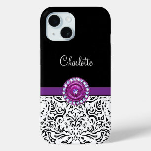 Coque Pour iPhone 15 Glitzy Monogram branché Rhinestone Damask