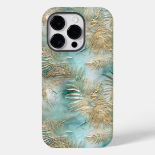 Coque Pour iPhone 14 Pro Gold Aqua White Feuilles tropicaux
