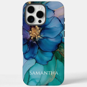 Coques iPhone 16 Pro Max Gold Blue Aqua Turquoise Flower