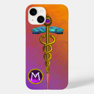 Coque Pour iPhone 14 GOLD CADUCEUS MÉDICALE SYMBOLE Purple Gem Monogram