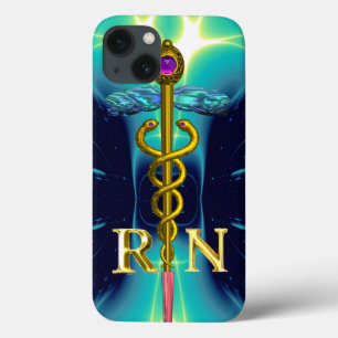 iPhone 13 Coque GOLD CADUCEUS SYMBOLE INFIRMIER INSCRIT Aqua Blue