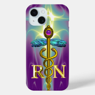 Coque Pour iPhone 15 GOLD CADUCEUS SYMBOLE INFIRMIÈRE INSCRIT Bleu pour