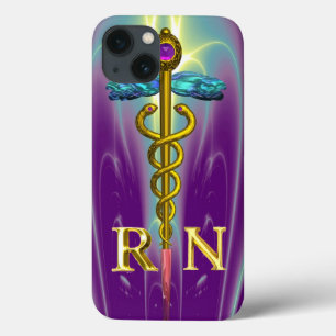 iPhone 13 Coque GOLD CADUCEUS SYMBOLE INFIRMIÈRE INSCRIT Bleu pour