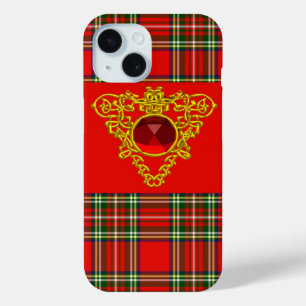 COQUE POUR iPhone 15 GOLD CELTIC COEUR, RUBY, ROUGE VERT ÉCOSSE TARTAN