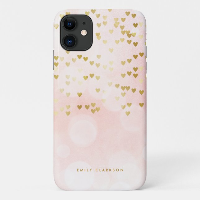 Coques Case-Mate iPhone Gold Foil Heart Confetti Pink Bokeh Personnalisé (Dos)