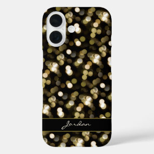 Coque Pour iPhone 16 Gold Glimmer Bokeh Sparkle Lights avec nom