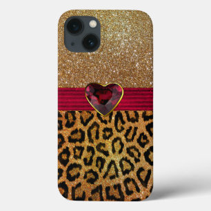 Case-Mate iPhone Case Gold Glittery Empreinte de léopard et Ruby Heart
