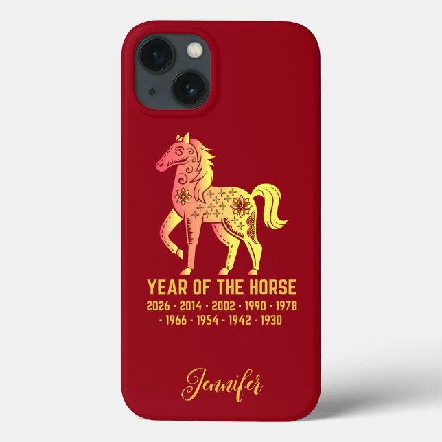 Coques Case-Mate iPhone Gold Gradient Année Du Cheval Zodiac Nom Rouge (Verso)