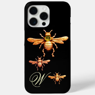 Coque iPhone 15 Pro Max GOLD HONEY BEES MONOGRAM Black