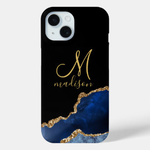 Coque Pour iPhone 15 Gold Monogram Marine Blue Gold Parties scintillant