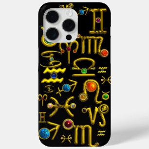 COQUE iPhone 15 PRO MAX GOLD ZODIAC BIJOUX D'ANNIVERSAIRE, PIERRES À JEUX,
