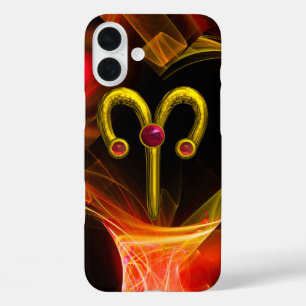 Coques iPhone 16 Plus GOLD ZODIAC SIGNES ARIES, Rouges Jaunes Fractales