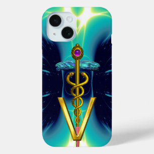 Coque Pour iPhone 15 GOLDEN CADUCEUS VETERINARY SYMBOLE / Teal Blue