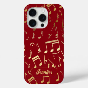 Coque iPhone 15 Pro Golden Musical Notes sur l'Arrière - plan rouge pr