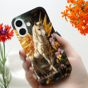 Coque Pour iPhone 16 Golden Pegasus Floral Imaginaire Fairy Horse