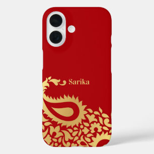 Coque Pour iPhone 16 Golden Red Paisleys Indian