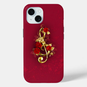 Coque Pour iPhone 15 Golden Treble Clef avec fleurs Roses
