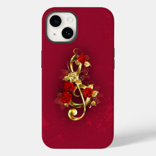 Coque Pour iPhone 14 Golden Treble Clef avec fleurs Roses