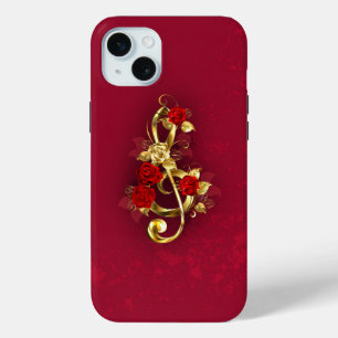 Coque iPhone 15 Mini Golden Treble Clef avec fleurs Roses