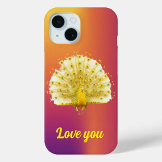 Coque Pour iPhone 15 Golden Yellow Royal Peacock Love You Anniversary