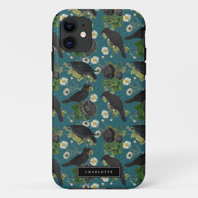 Coques Case-Mate iPhone Goth Crows et Roses noirs Profond Turquoise Motif (Dos)