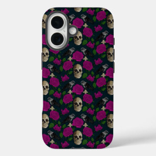 Coque Pour iPhone 16 Gothique foncé Grungy Vins Roses Corbeau crâne ros