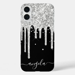 Coques iPhone 16 Plus Gouttes de paillettes argentées Signature Black Gl