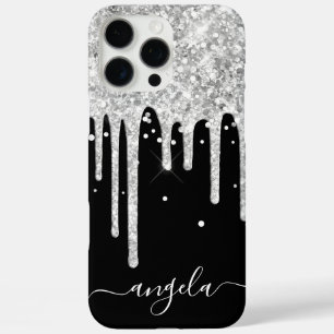 Coques iPhone 16 Pro Max Gouttes de paillettes argentées Signature Black Gl