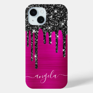 Coque Pour iPhone 15 Gouttes de paillettes noires Glam Signature rose c