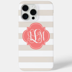 Coque iPhone 15 Pro Max Grandes bandes beiges et monogramme de corail