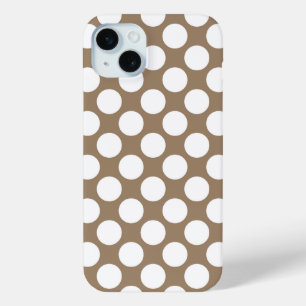 Coque iPhone 15 Mini Grands points rétro - blanc et taupe