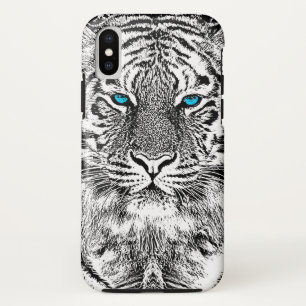 Coque Pour iPhone XS Graphique de tigre noir et blanc aux yeux bleus