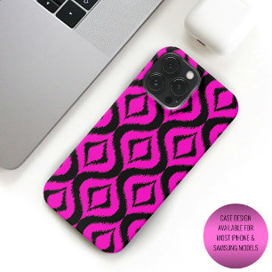 Coque iPhone 15 Pro Max Gras brillant rose chaud noir Ikat Ogee Art Motif